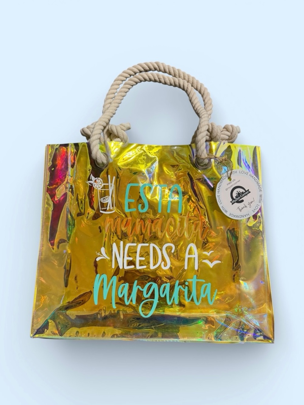 Esta Mamacita Needs A Margarita Holographic Beach Tote Bag Rope Handles NWT